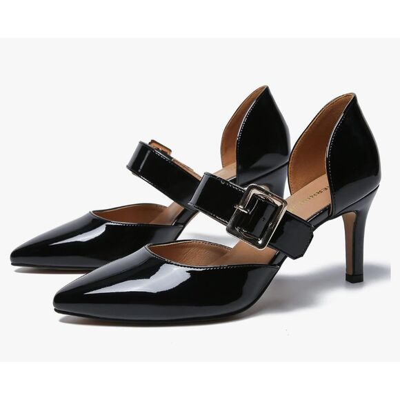 NEW MAIERNISI JESSI Mary Jane D'Orsay Black Patent Heel Pump size 8.5/39 - Picture 2 of 10